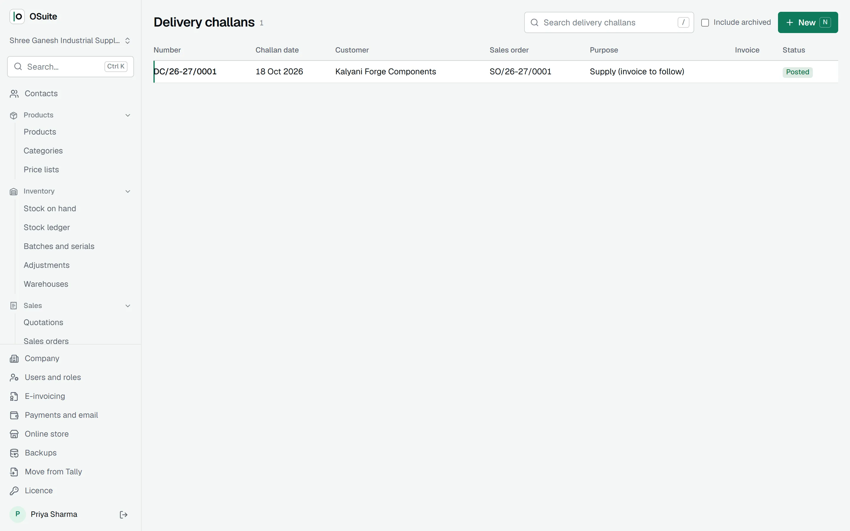 Delivery challans with their orders and status