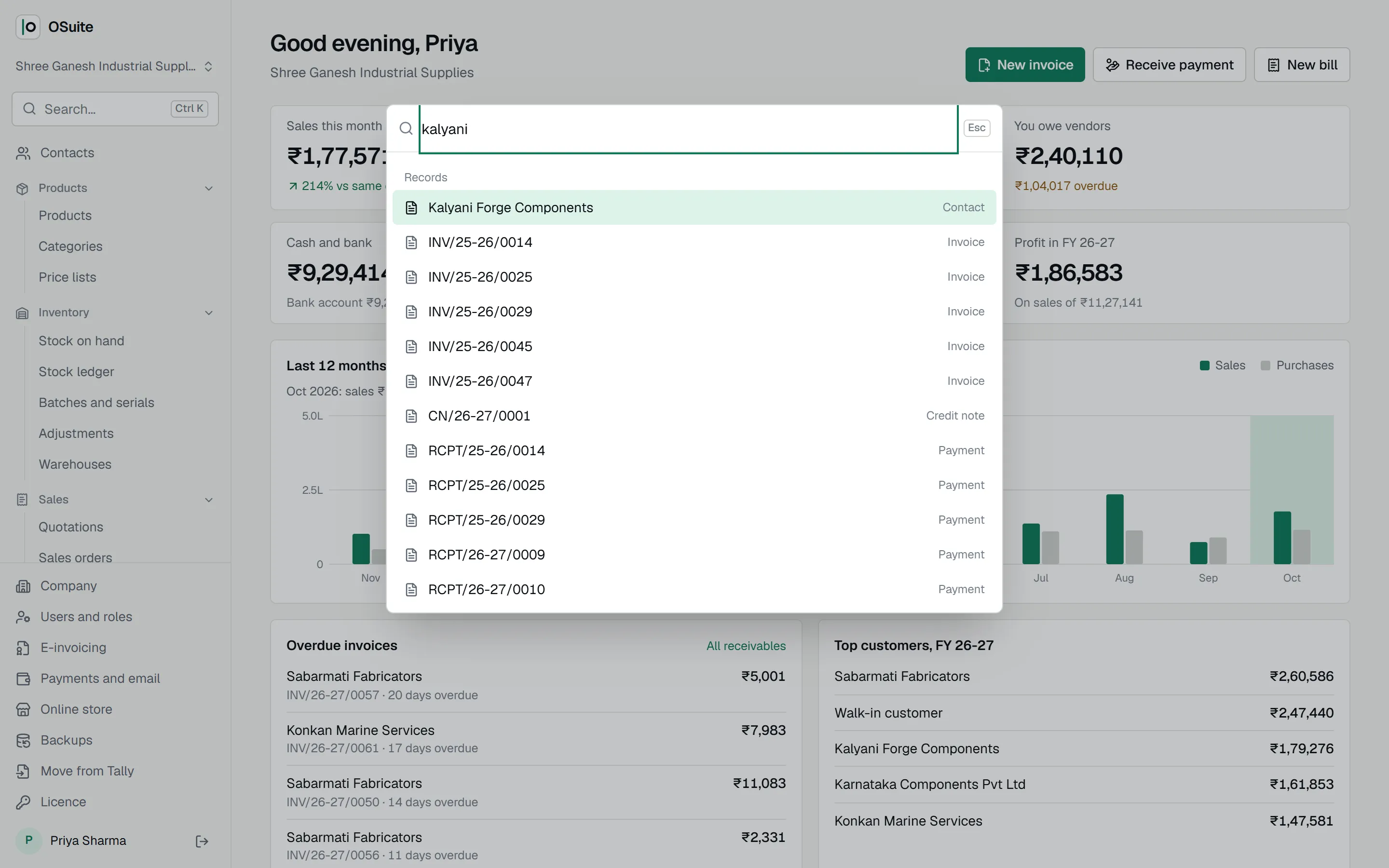 The search palette finding a customer, their invoices and a new-invoice shortcut