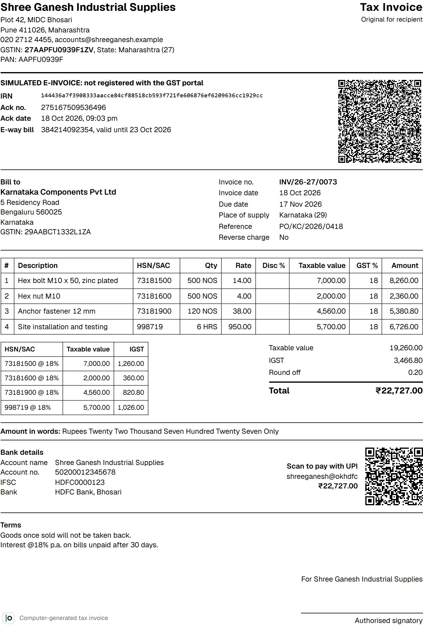 A printed tax invoice with HSN summary, amount in words, bank details and UPI QR